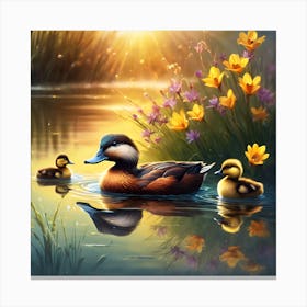 Ruddy Duck and Ducklings in the Late Evening Sun Canvas Print