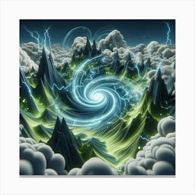 3 Dimensional Mountains With Multiple Green Lightning And White Swirls In A Vortex Of Clouds 3 Canvas Print