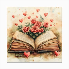 Watercolor Romantic Book Roses Hearts Canvas Print