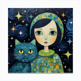 Blue Girl With Cat Canvas Print