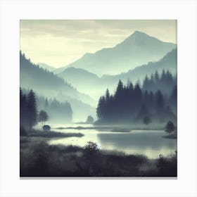 "A serene and misty mountain landscape." Wall Art1 Canvas Print