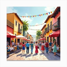 Watercolor Depiction Of A Lively Spanish Fiesta With Colorful Festivities Canvas Print