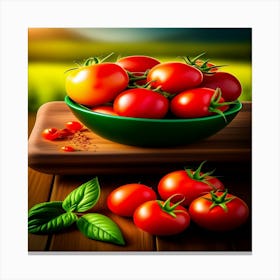 A Bowl Of Tomatoes On Table With A Beautiful Farm Canvas Print