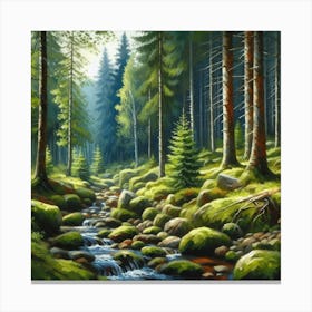 Stream In The Forest, Acrylic Painting Style 15 Canvas Print