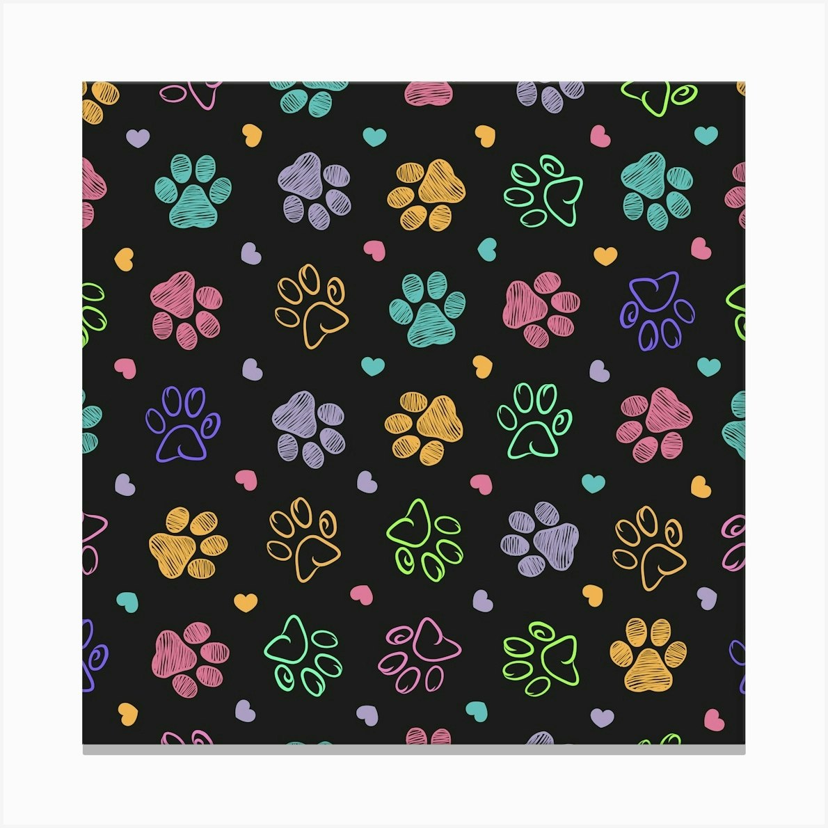 Colorful Doodle Paw Print Seamless Fabric Design Black Background Pattern Canvas Print by Gulsen Gunel