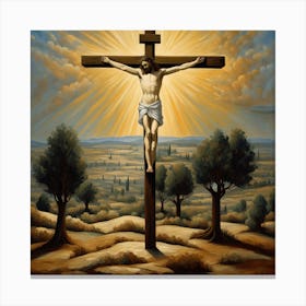 A Biblically Inspired Painting Of Jesus Crucifixion The Central Figure Standing Tall Against A Som 466855030 Canvas Print