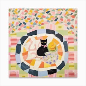 Pastel Colours Black Cat In A Picnic Blanket 3 Canvas Print