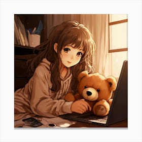 Anime Girl With Teddy Bear 3 Canvas Print