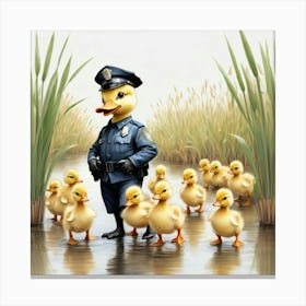 Police Officer With Ducklings Canvas Print