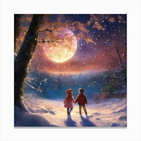 Two children under the moonlight Canvas Print