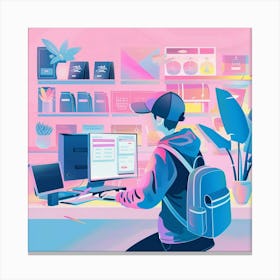 Illustration Of A Woman Working At A Computer Canvas Print