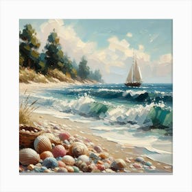 Sea Shells And Sailboat On The Beach, Acrylic Painting Style Canvas Print