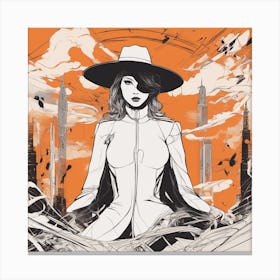 A Silhouette Of A Man Wearing A Black Hat And Laying On Her Back On A Orange Screen, In The Style Of (5) Canvas Print
