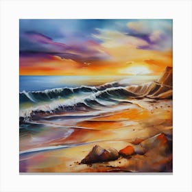 Artwork, oil colors, sea and sunset, seashore, beach rocks.San Francisco, USA.9 Canvas Print