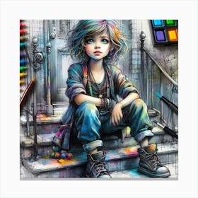 Girl Sitting On Steps 2 Canvas Print