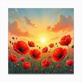 Vibrant Watercolor Poppies Against A Sunset Sky 1 Canvas Print