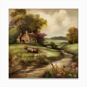 Country Cottage.An elaborate work of art about nature in the countryside of old England, antique oil colours, the touch of a creative artist. Canvas Print