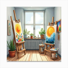 Art Studio Interior In Watercolor, With Easels And Colorful Paint Palettes 1 Canvas Print