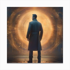 Man Standing In Front Of A Circular Light Canvas Print