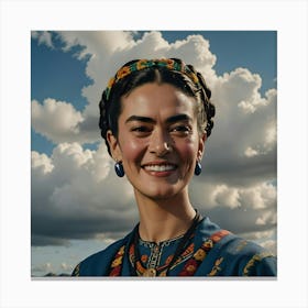 Frida Kahlo smiles with clouds background Canvas Print