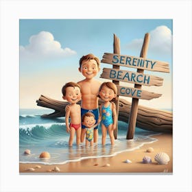 A Serene And Majestic Family Beach Scene Illustration, Evoking The Iconic Style Of Ansel Adams 3 Canvas Print