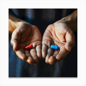 Hands Holding red and blue Pill Canvas Print