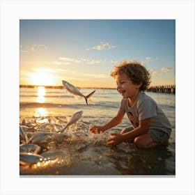 Little Boy Playing With Fish At Sunset 2 Canvas Print