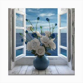 Blue Flowers By The Window Canvas Print