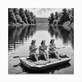 Eating Pasta on a Lake, Three Women On Raft, Funny Black and White Vintage Photo Art Print Canvas Print