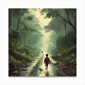 Boy Walking In The Rain Forest Canvas Print