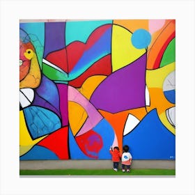 Two Children In Front Of A Colorful Mural Canvas Print