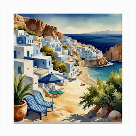 Blue Ionian Village.Summer on a Greek island. Sea. Sand beach. White houses. Blue roofs. The beauty of the place. Watercolor. Canvas Print