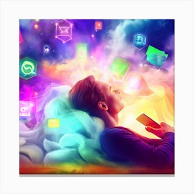 Man Sleeping In The Cloud Future Of Mobile Applications Development In Colorful Dreaming Life Canvas Print