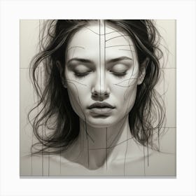 Pretty sad woman, line drawning, aesthetic painting, lines, portait Canvas Print