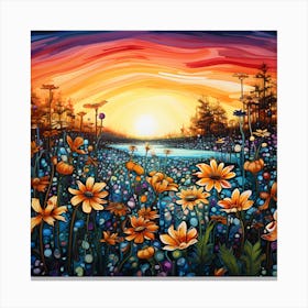 Sunset Field Of Daisies Canvas Print