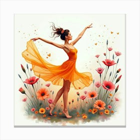 Graceful Dancer With Watercolor Vibrant Flower Garden 1 Canvas Print