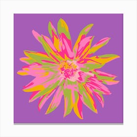 DAHLIA BURSTS Single Abstract Blooming Floral Summer Bright Flower in Fuchsia Pink Yellow Lime Green on Violet Purple Canvas Print