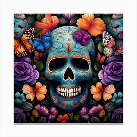 Day Of The Dead Skull With Butterflies And Flowers Canvas Print