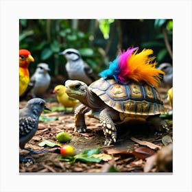 Tortoise With Feather On Is Shell Sneaking Into The Bird S Party And Making Himself At Home Canvas Print