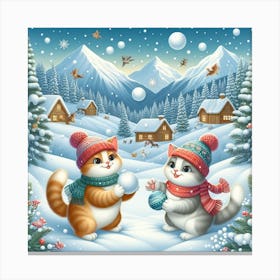 Two Cats Playing In The Snow Canvas Print