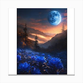 Moonlight Over Blue Flowers Canvas Print