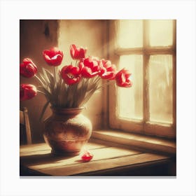 Red Tulips In A Vase Canvas Print