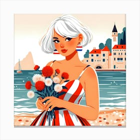 American Girl With Flowers On The Beach Canvas Print