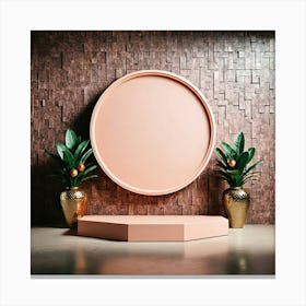 Pink Round Frame With Plants Canvas Print