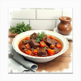 Watercolor Image Of A Classic And Savory Beef Stew On A Chic Kitchen Countertop Canvas Print