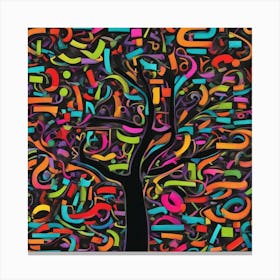 An Image Of A Tree With Letters On A Black Background, In The Style Of Bold Lines, Vivid Colors, Gra (3) Canvas Print