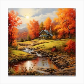 Autumn Cottage By The Stream Canvas Print
