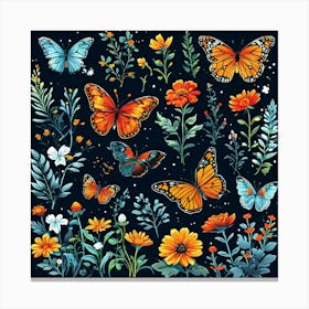 Watercolor Butterflies And Flowers, A Butterfly Garden With Various Species art print Canvas Print