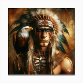 Oil Texture Native American Indian With Hawk On Shoulder 2 Canvas Print