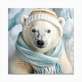 Polar Bear Cub Donning A Handcrafted Knit Cap And Scarf White Fluffy Fur Against A Snowy Backdrop Canvas Print